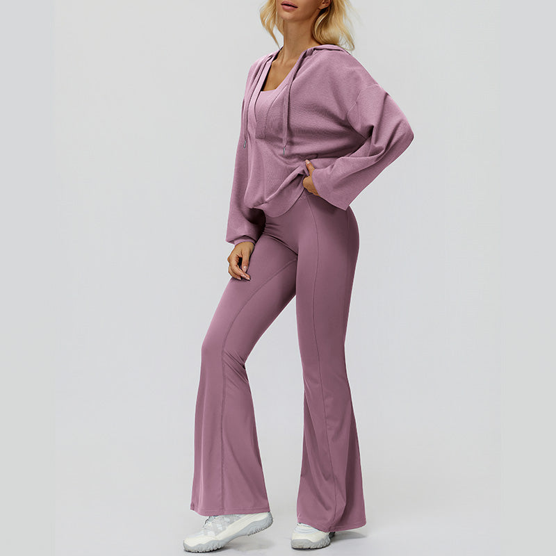 V-neck large hooded jacket+Sports tank top+High-waisted pleated back pants 3-piece set