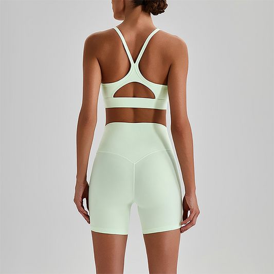 Wholesale Brushed Naked-Feel Open-Back Sports Bra & High-Waist Shorts Set – Sculpting Yoga 2-Piece