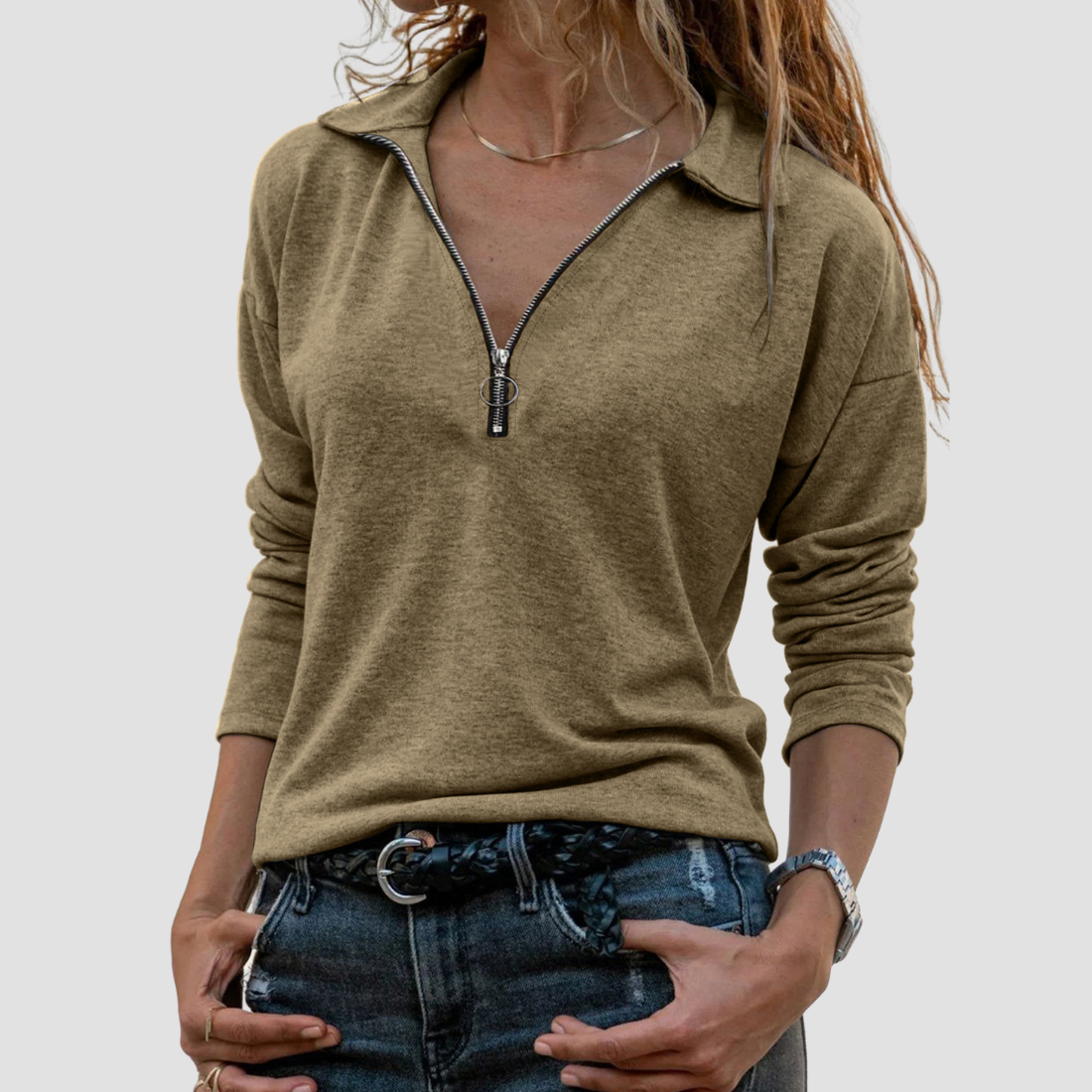 Wholesale Women's Knitted Fabric Lapel Zipper Casual Long Sleeve Top