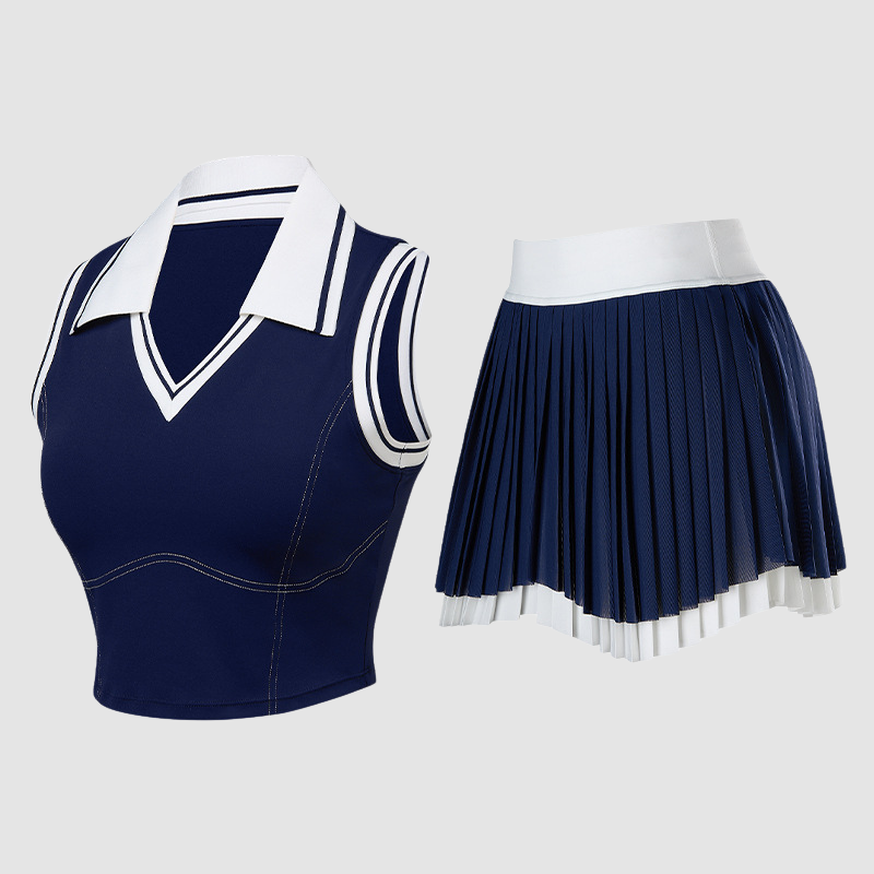 Wholesale Women's Sleeveless Tank Top & Double-Layer Pleated Skirt Set – Built-In Bra Anti-Exposure Tennis Golf Outfit