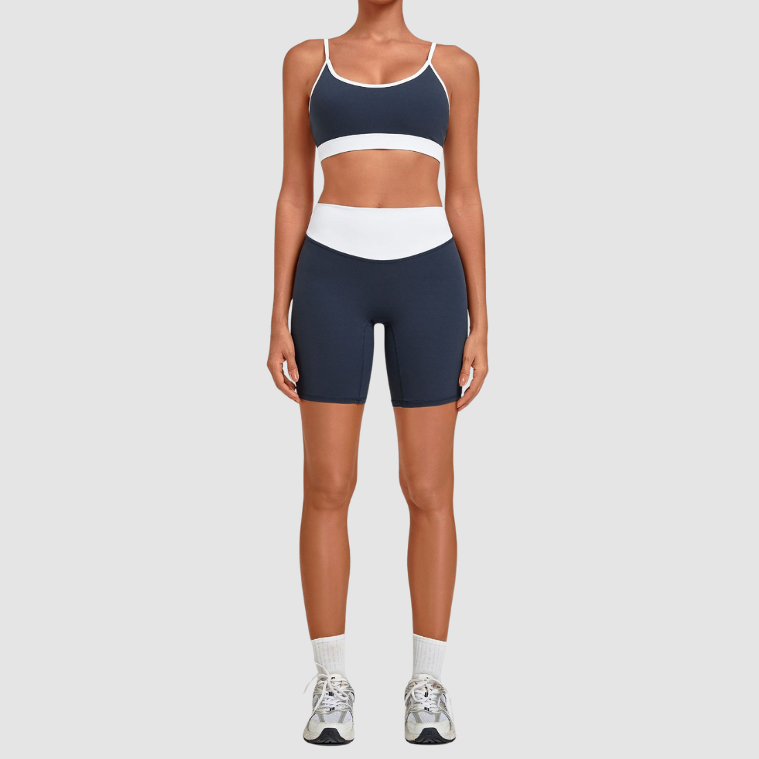 Wholesale Women’s Contrast Strap Sports Bra & High-Waist Biker Shorts Yoga Set
