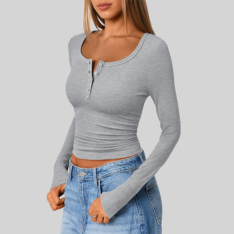 Wholesale Women's Button V-Neck Long Sleeve Ribbed Knit Top