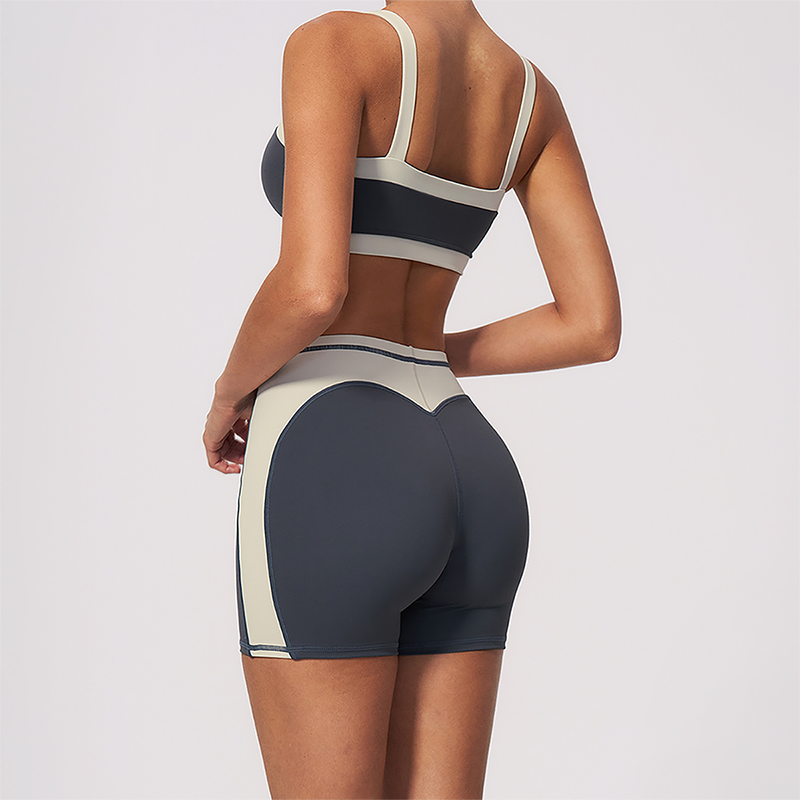 Wholesale Women's Colorblock Bare-Feel Yoga Set Sports Bra & Shorts w/ Chest Pad