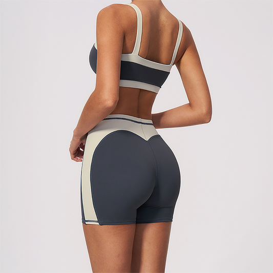 Wholesale Women's Colorblock Bare-Feel Yoga Set Sports Bra & Shorts w/ Chest Pad
