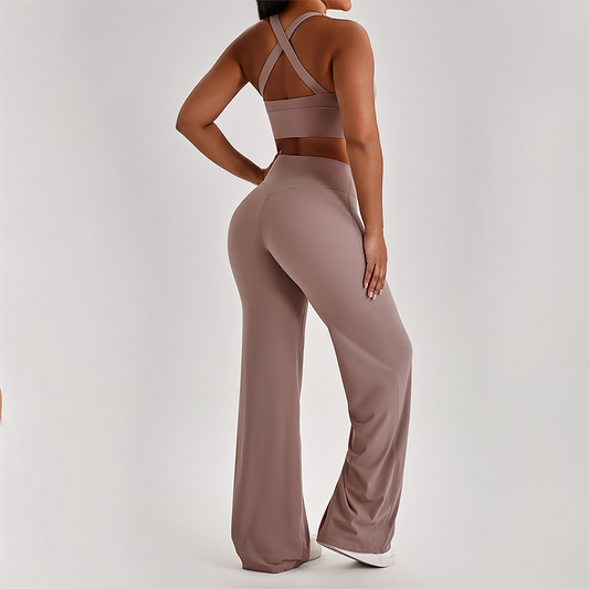 Wholesale Women's Peach Lift High Waist Flare Pants Yoga Set – Cross Back Sports Bra 0258