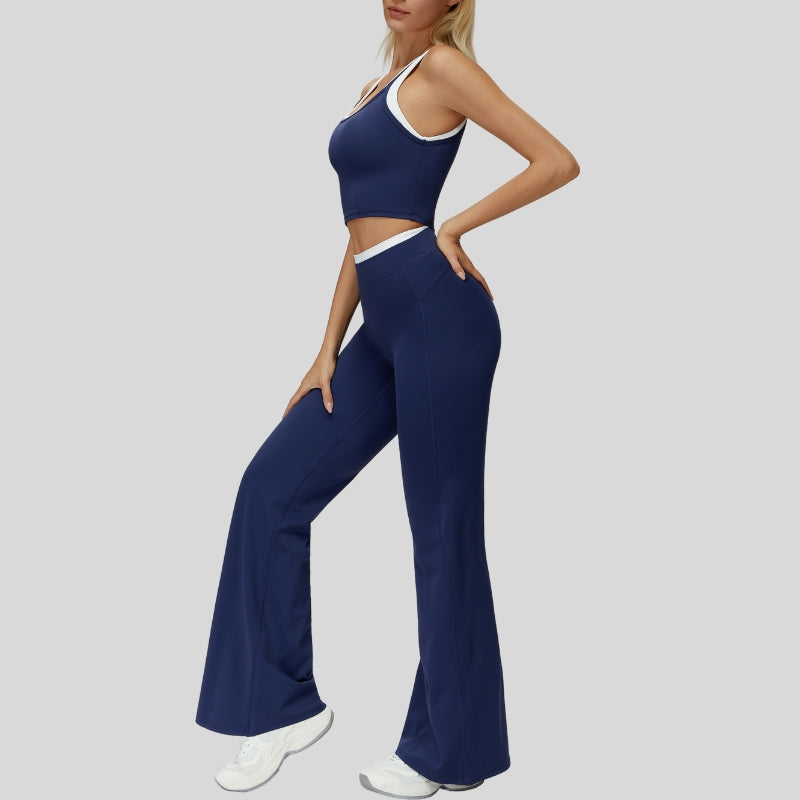 Two-piece contrasting sports tank top+port slightly flared pants 2-piece set