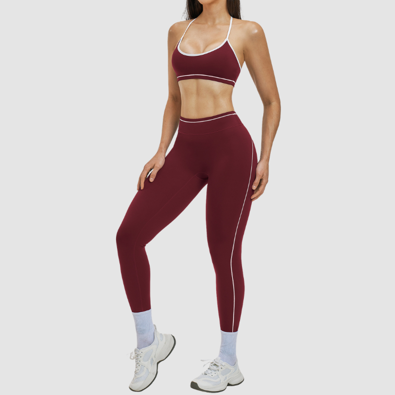 Women's Contrasting Color Backless Bra+Highlighted Legging 2-piece Set