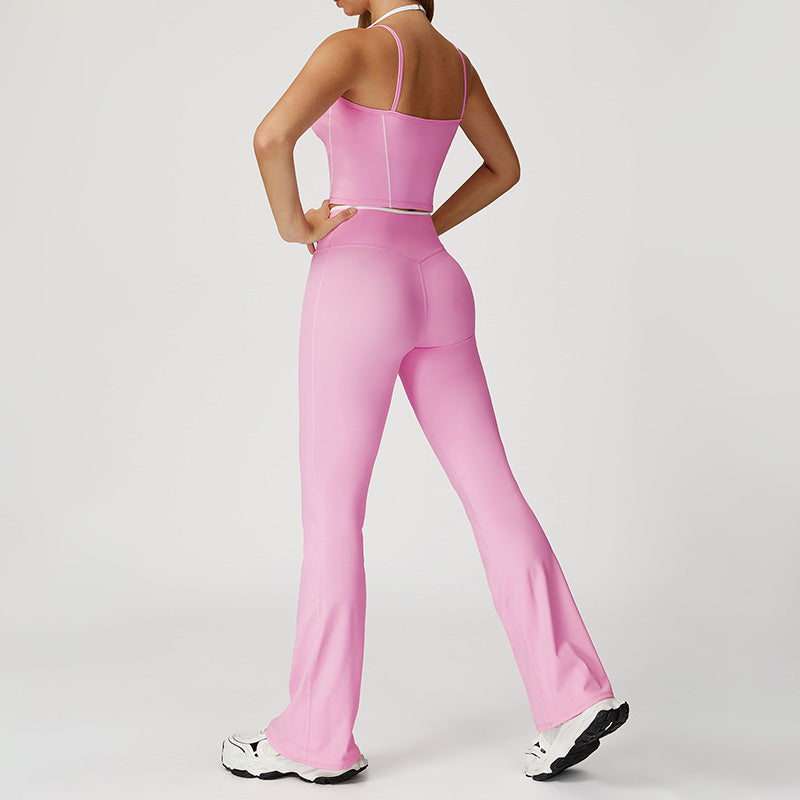 Fake two-piece halter tank top + High-waisted flared leg pants Set