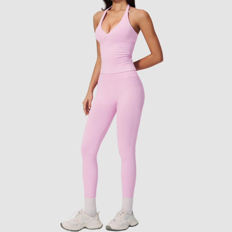 Wholesale Women's Halter Sports Bra & Full-Length Leggings Set – Seamless Peach-Lift Yoga Activewear