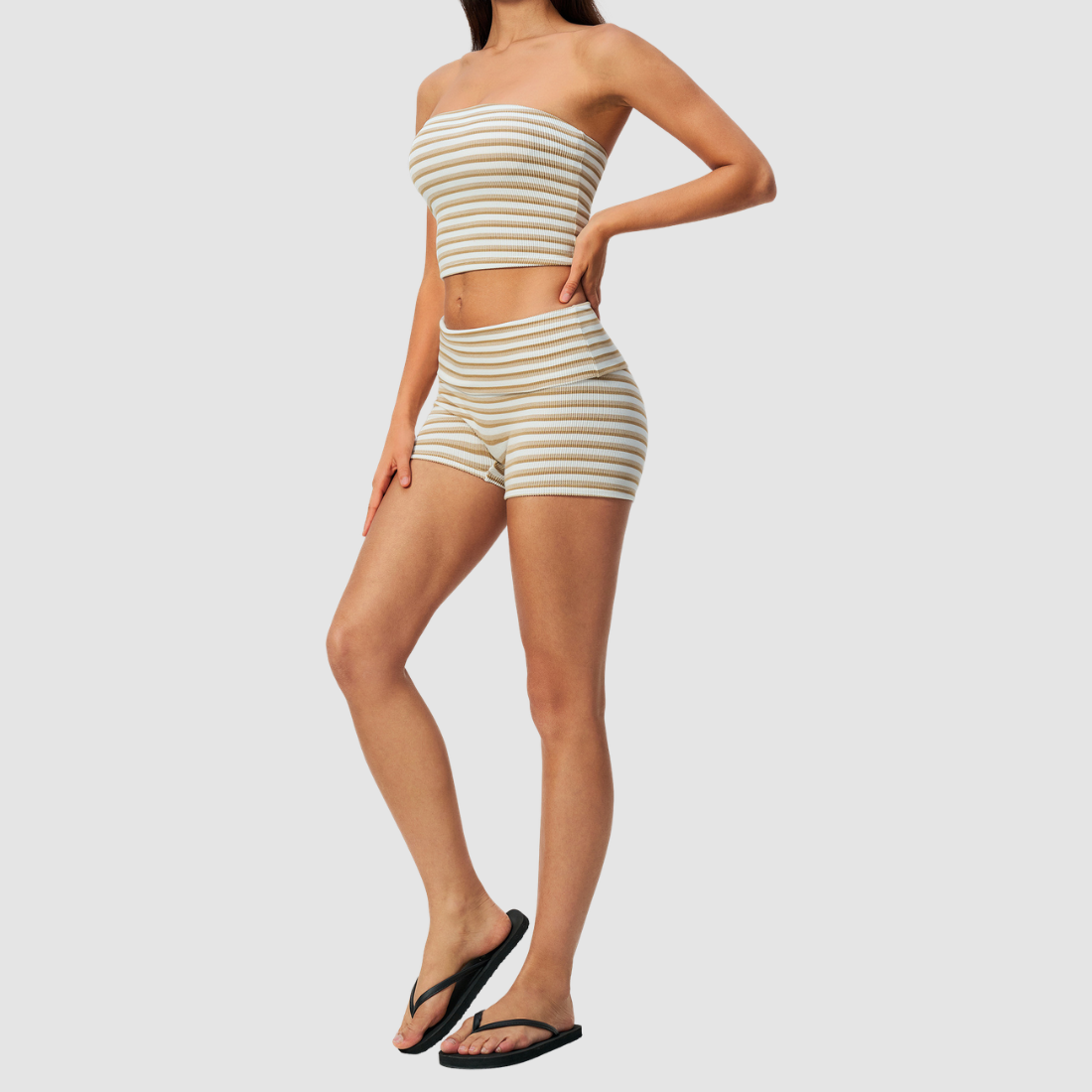 Wholesale Women's Stripe Bandeau Tank & Shorts Yoga Set