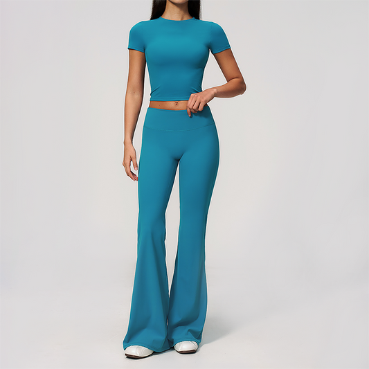 Wholesale Women's Buttery Soft Short Sleeve Crop Top & Flare Pants Yoga Set
