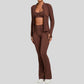Thumb-buckle zipper jacket + slightly flared pants + sports bra 3-piece set