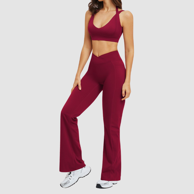 Wholesale Solid Color Halter Neck Sports Bra + High-Waisted Flare Pants