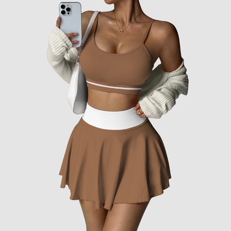 Wholesale contrasting color sports bra + patchwork skirt