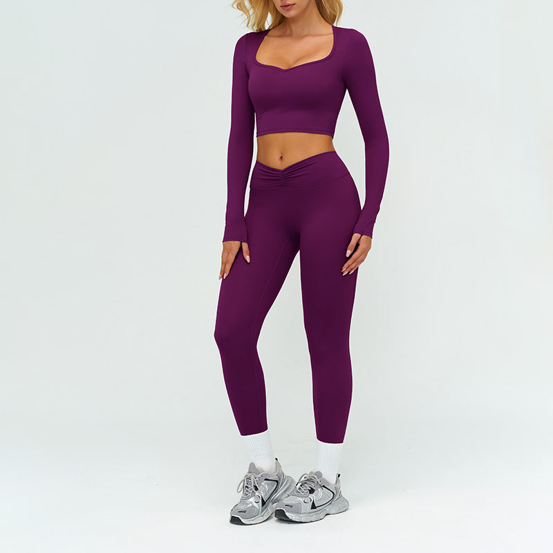 Slim-fitting long-sleeved top + tight-fitting athletic leggings 2-piece set