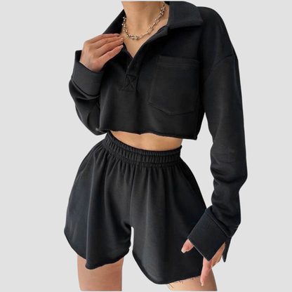 Wholesale Women's Long Sleeve Crop Cardigan & Drawstring Shorts Set – Casual Two-Piece TZ8040