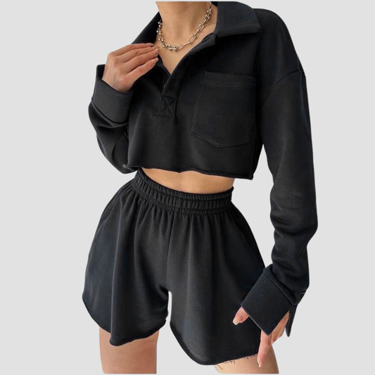 Wholesale Women's Long Sleeve Crop Cardigan & Drawstring Shorts Set – Casual Two-Piece TZ8040