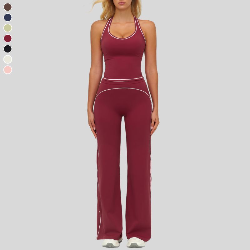 Contrasting racerback tank top+ High-waisted wide-leg pants 2-piece set