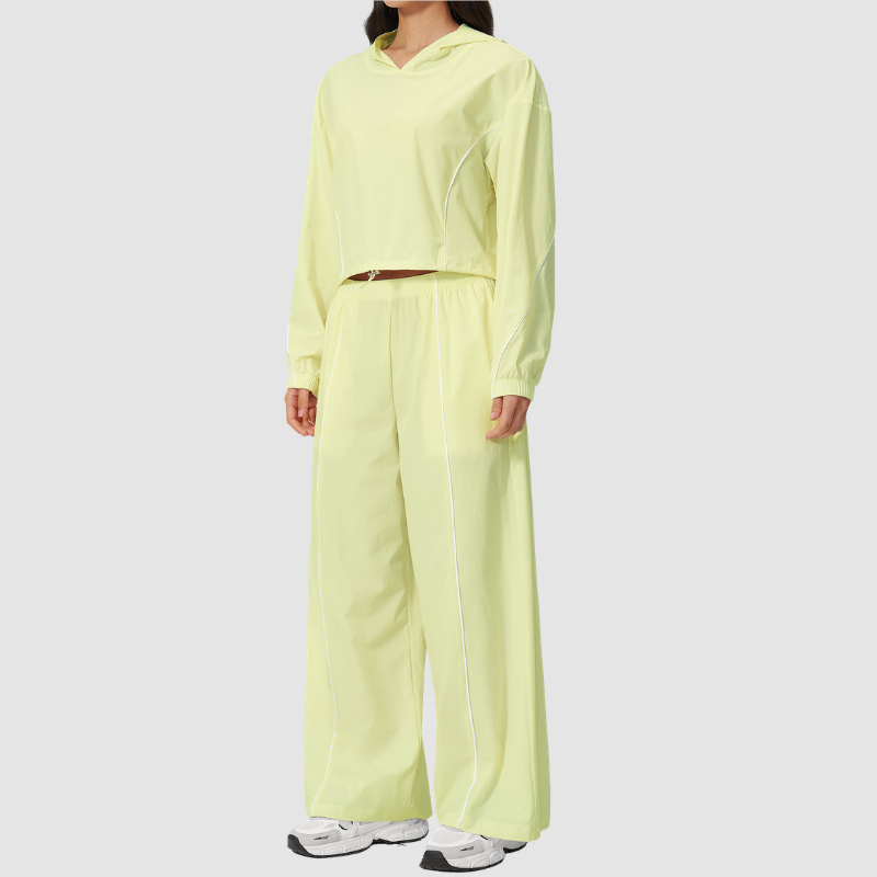 Wholesale Women's UPF50+ Sun Protection Hoodie Jacket + Wide-Leg Pants Set – Colorblock Outdoor Running Sportswear
