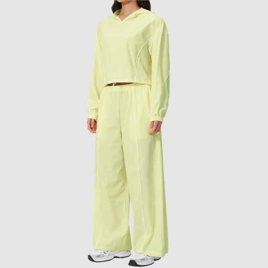 Wholesale Women's UPF50+ Sun Protection Hoodie Jacket + Wide-Leg Pants Set – Colorblock Outdoor Running Sportswear