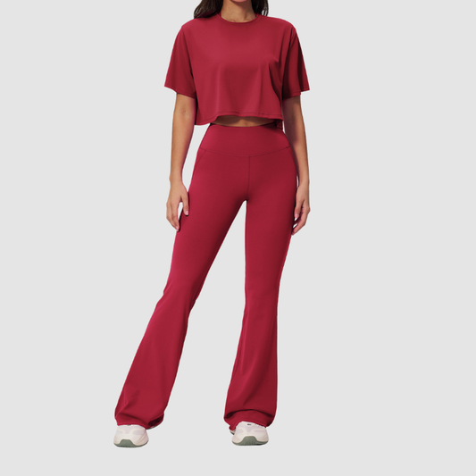 Wholesale round neck short sleeved top+flared pants 2-piece set