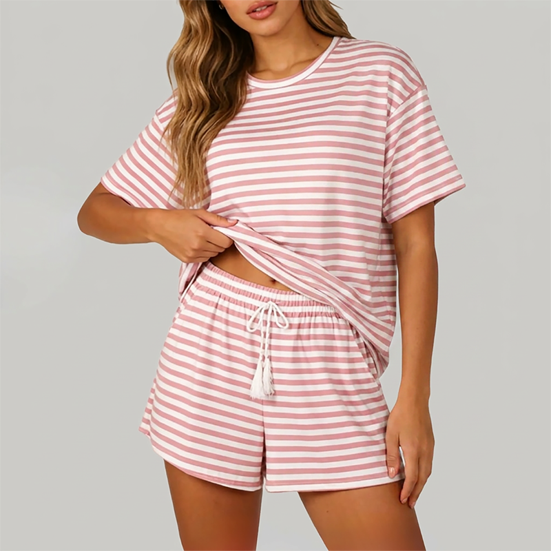 Wholesale Women's Striped Short Sleeve Shorts Set – Lightweight Casual Two-Piece