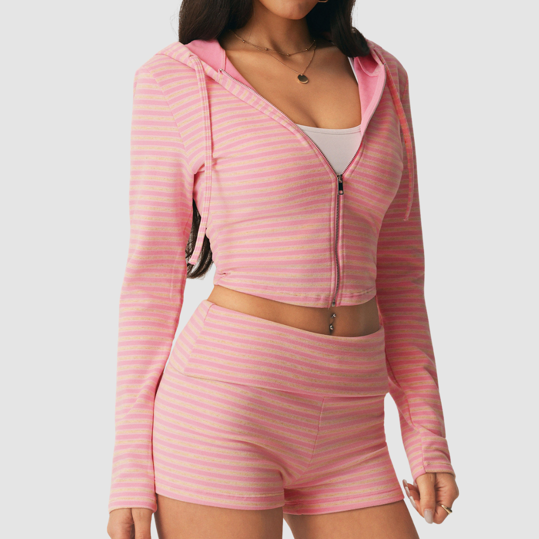 Wholesale Women's Striped Hooded Jacket & Foldover Shorts Set