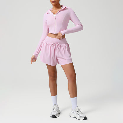 Snug-Fit Naked-Feel Hooded Jacket + High-waisted Loose Drawstring Shorts 2-Piece Set