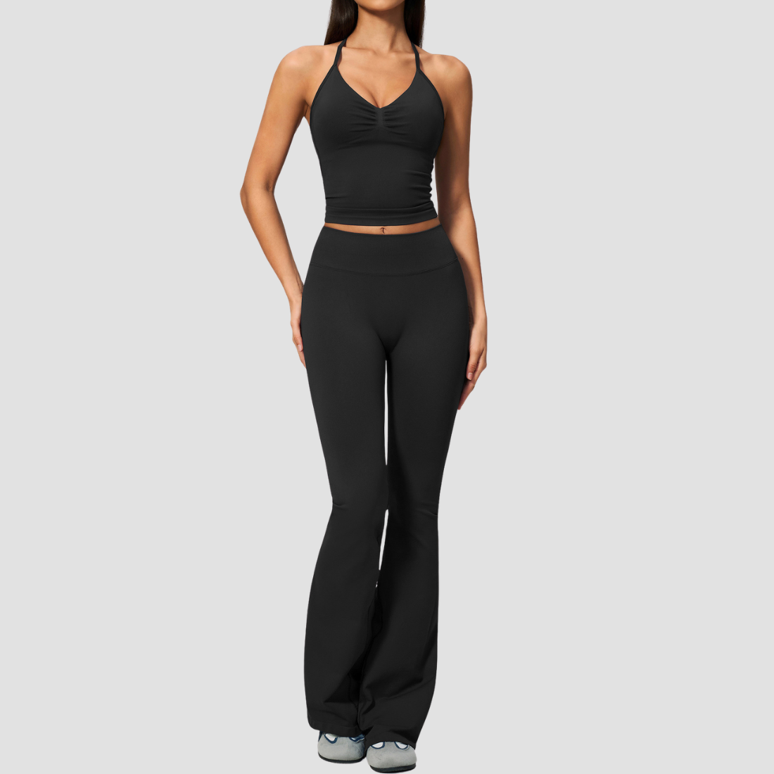 Wholesale Women's Seamless Yoga Set: Strappy Tank Top & Flare Pants – High-Stretch w/ Chest Pad