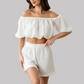 Wholesale Women's Off-Shoulder Shorts Set – Ruched Waist Two-Piece Casual Vacation Outfit