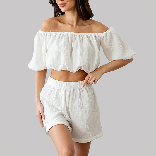 Wholesale Women's Off-Shoulder Shorts Set – Ruched Waist Two-Piece Casual Vacation Outfit