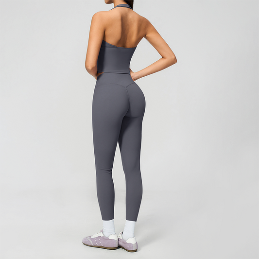 Wholesale Women's Cream-Feel Fleece Deep-V Halter Neck Tank Top & Leggings Set