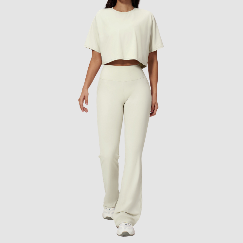 Wholesale round neck short sleeved top+flared pants 2-piece set