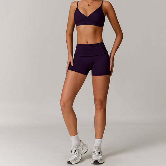 V-shape neck and thin straps sports bras + High-waisted shorts 2-piece set