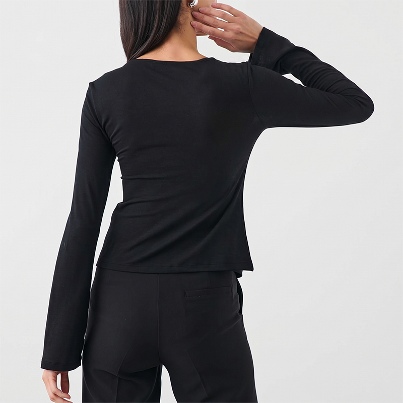 Wholesale Modal-Blend Tie-Front Bow Long-Sleeve Fitted T-Shirt – Elegant Slim-Fit Top