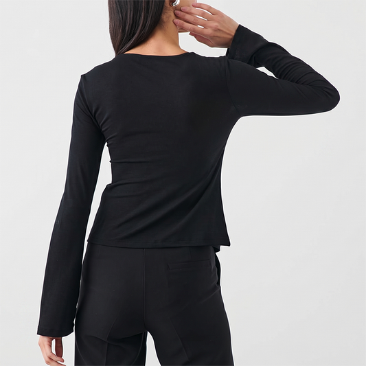 Wholesale Modal-Blend Tie-Front Bow Long-Sleeve Fitted T-Shirt – Elegant Slim-Fit Top