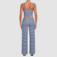 Wholesale Women's Activewear Retro Print Fold-Over Waist Top & Straight-Leg Pants Set