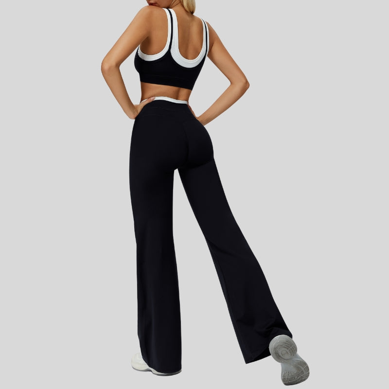 Contrast color sports bra + sport slightly flared pants 2-piece set