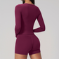 Wholesale Seam-Detail Long-Sleeve Crop Top & High-Waist Biker Shorts Set – Brushed Yoga 2-Piece