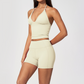 Wholesale Women's Halter Neck Yoga Set – Deep V-Neck Bra & High-Waist Shorts