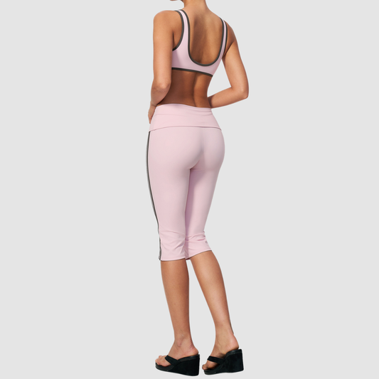 Wholesale color-blocked V-neck sports bra & striped cropped pants set