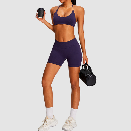 Wholesale Seamless Halter Sports Bra & High-Waist Biker Shorts Set – Naked-Feel Peach-Lift Yoga 2-Piece