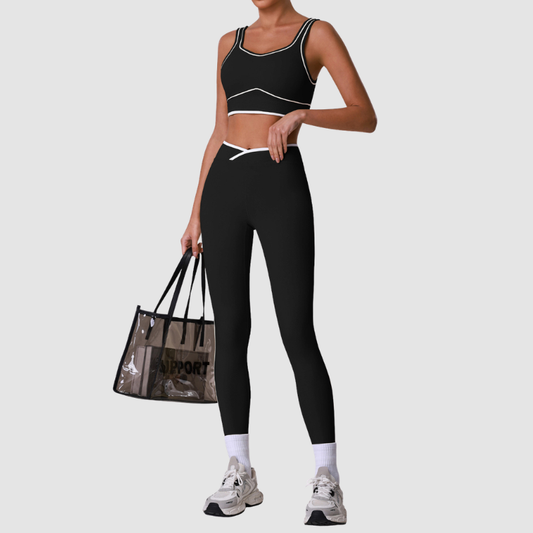 Wholesale Naked-Feel Color-Block Sports Bra & High-Waist Leggings Set – Cross-Back Yoga 2-Piece