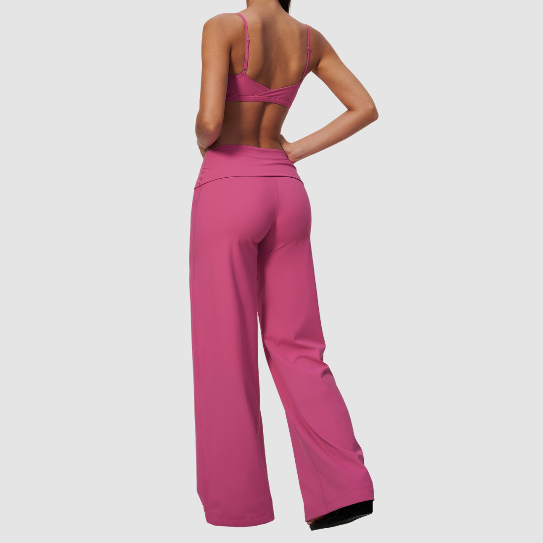 Wholesale Women's Brushed Yoga Set: Strappy Back Bra & Foldover Wide-Leg Pants