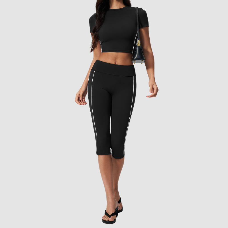 Wholesale Women's Brushed Contrast Piping Short Sleeve Crop Top & Button-Up Cropped Pants Set