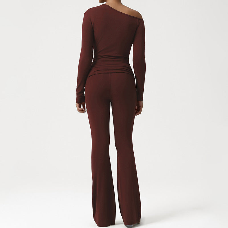 One-Shoulder Long Sleeve top + Crossover Waist Flared Pants 2-Piece Set