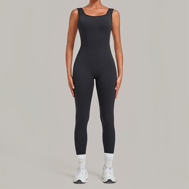 Wholesale Women's Brushed Yoga Jumpsuit – Open-Back Slim Fit Athletic Bodysuit w/ Chest Pad