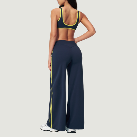 Nude-feel deep V bra + high waist + high-waisted color-blocked pants 2-piece set