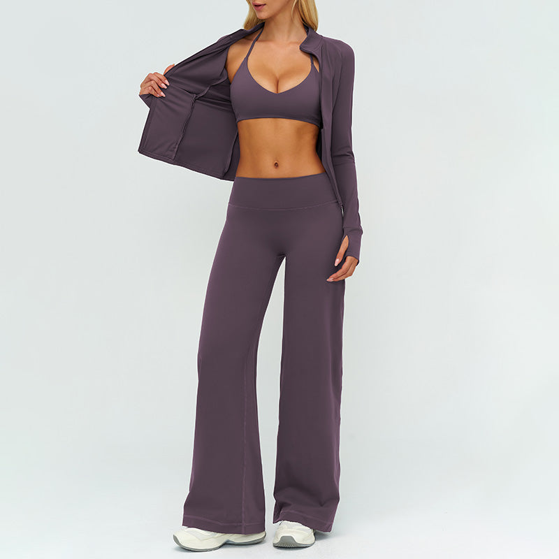 Stand collar zipper jacket + Backless sports bra + high-waisted loose wide-leg pants 3-piece set