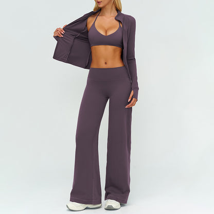 Stand collar zipper jacket + Backless sports bra + high-waisted loose wide-leg pants 3-piece set